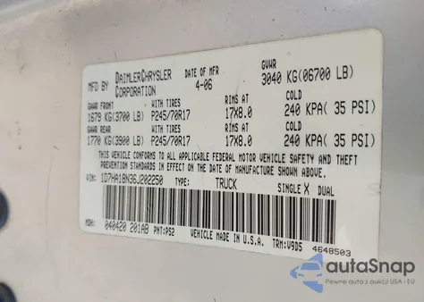 2006 Dodge Ram 1500 Slt z USA, uszkodzony, nr VIN 1D7HA18N36J202250